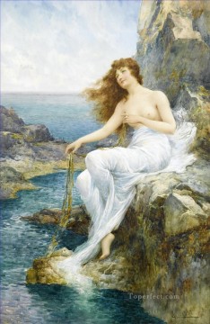 A Sea Maiden Resting on a Rocky Shore Alfred Glendening JR nude impressionism Oil Paintings